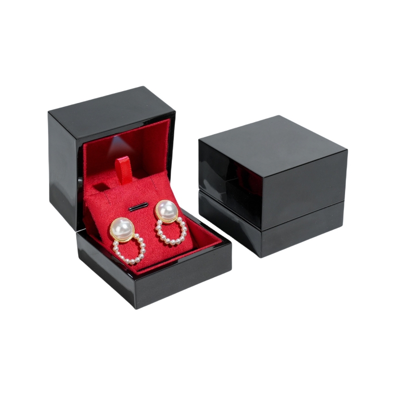 Black Lacquer LED Wooden Engravable Earring Jewelry Box
