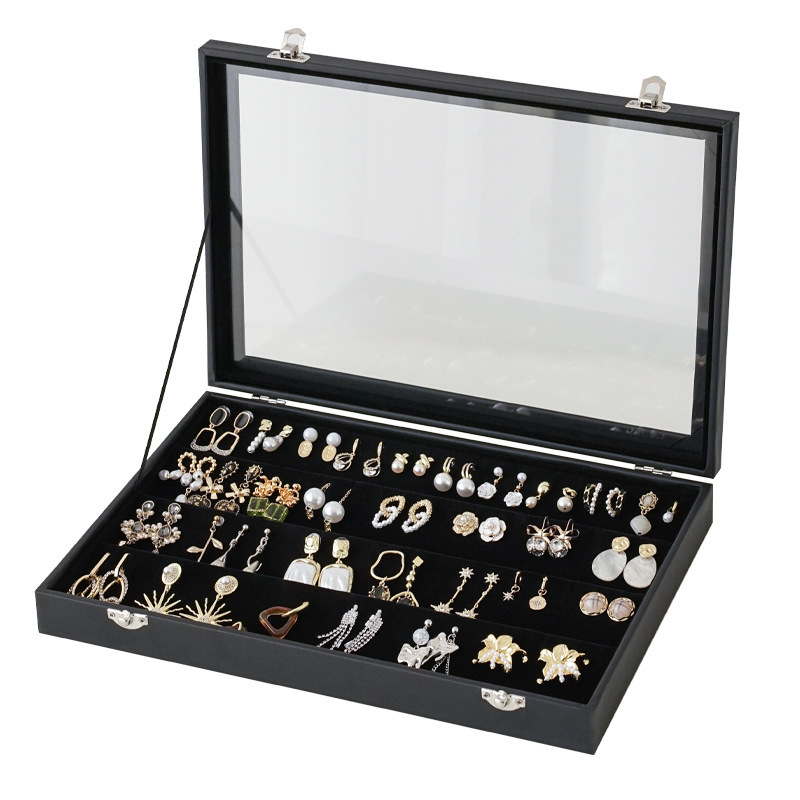 Elegant Wood Earring Jewelry Organizer Box with Clear Lid
