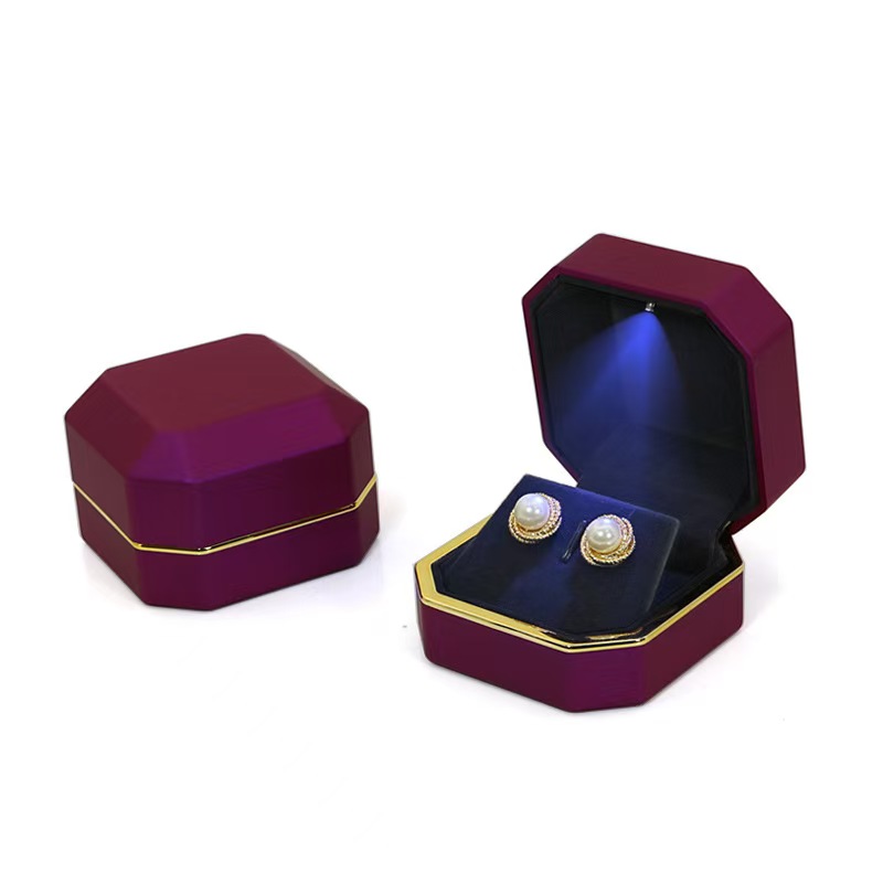 Luxury Octagon LED Light-Up Earrings Box with Gold Trim