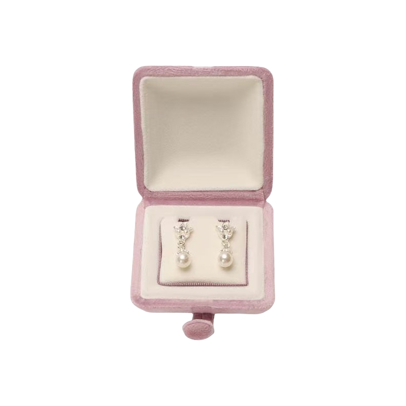 Soft Pink Velvet Earrings Box with Button Closure